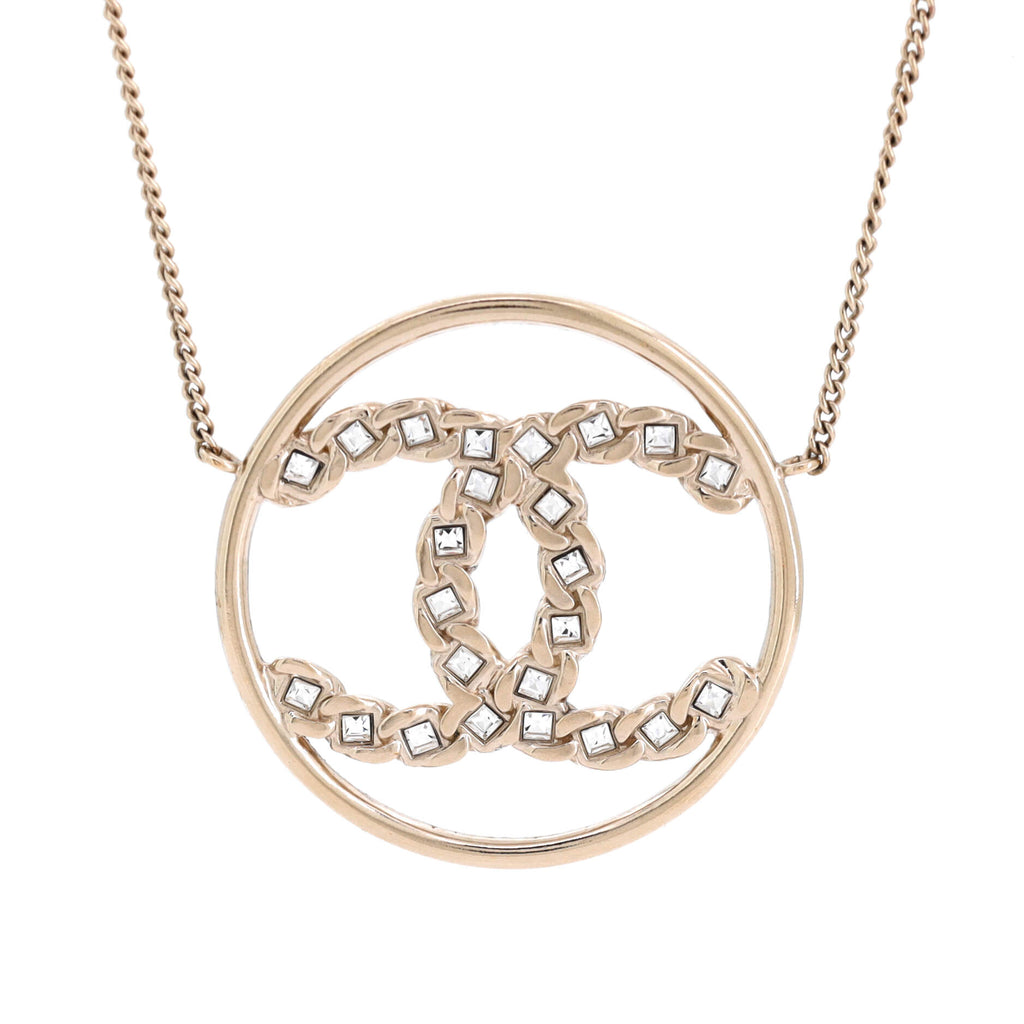 CC Circle Pendant Necklace Metal with Crystals Small