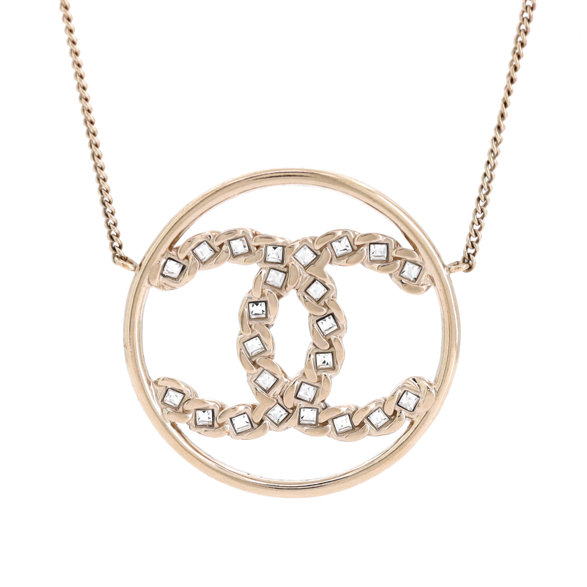 CC Circle Pendant Necklace Metal with Crystals Small
