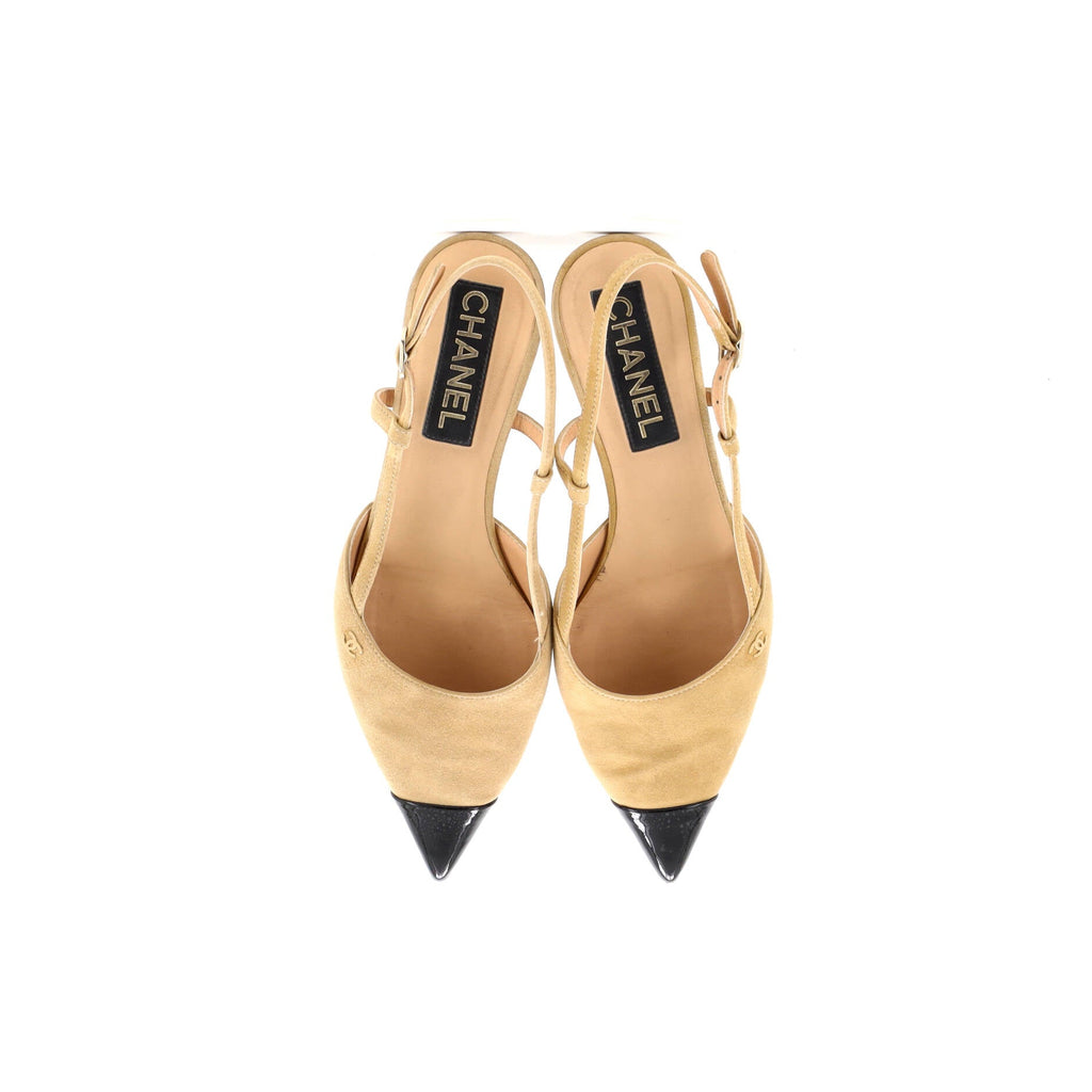 Women’s Pointed Cap Toe Slingback Kitten Heels Suede with Patent