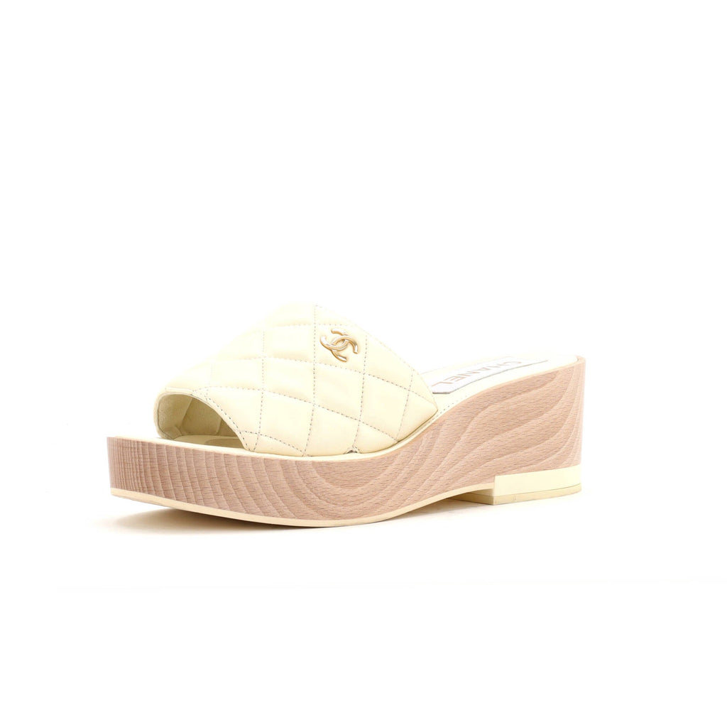 Women's Open Toe Platform Sandals Quilted Leather and Wood