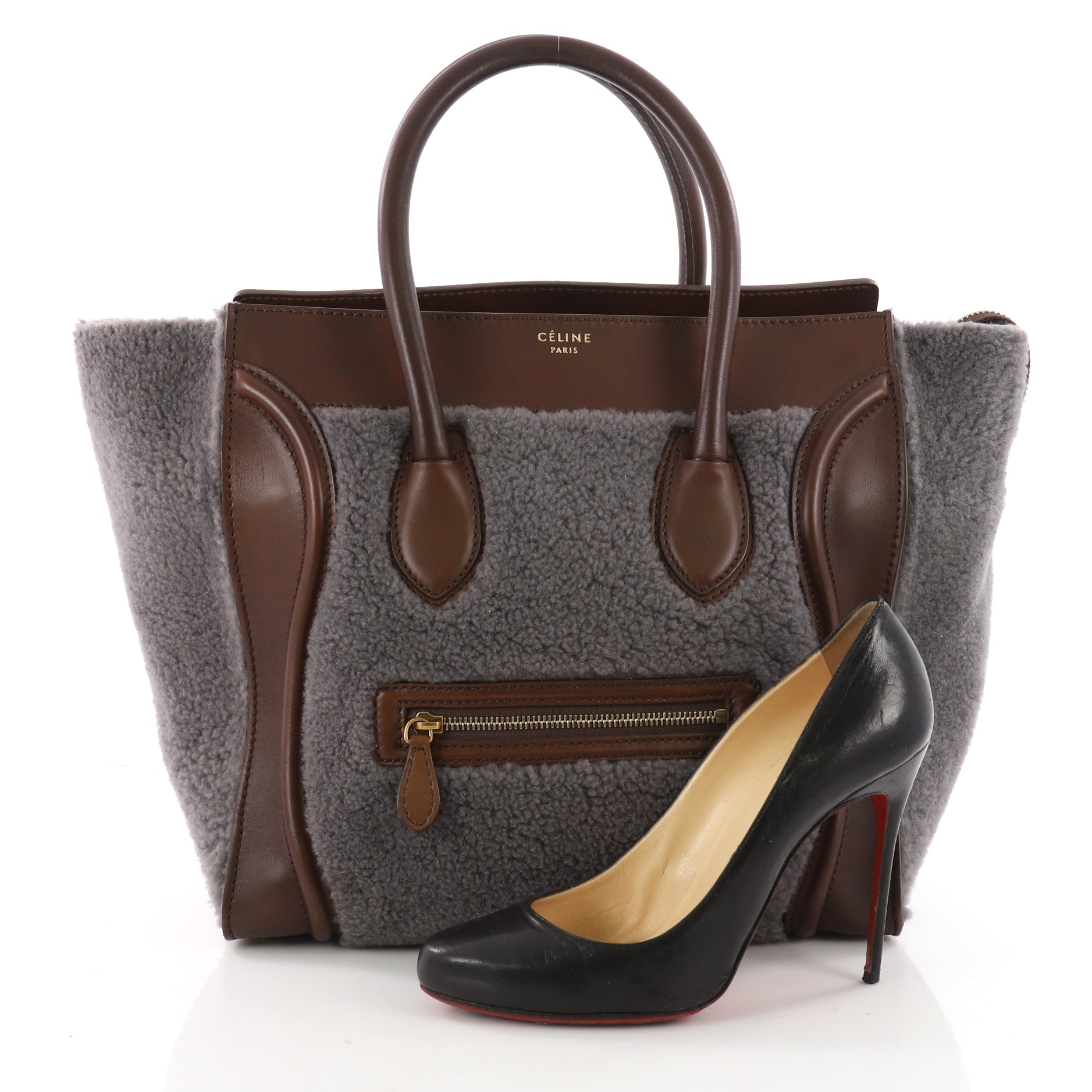 Bicolor Luggage Handbag Shearling Mini