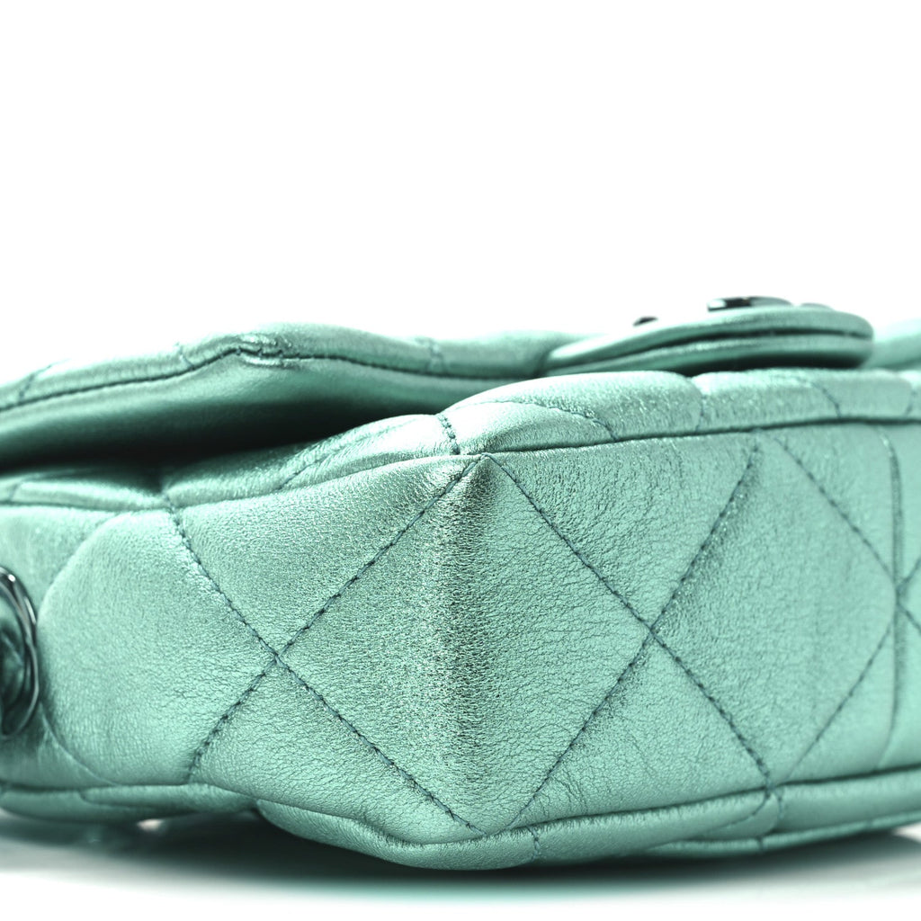 Metallic Lambskin Quilted Mini Lacquered Chain Flap Turquoise