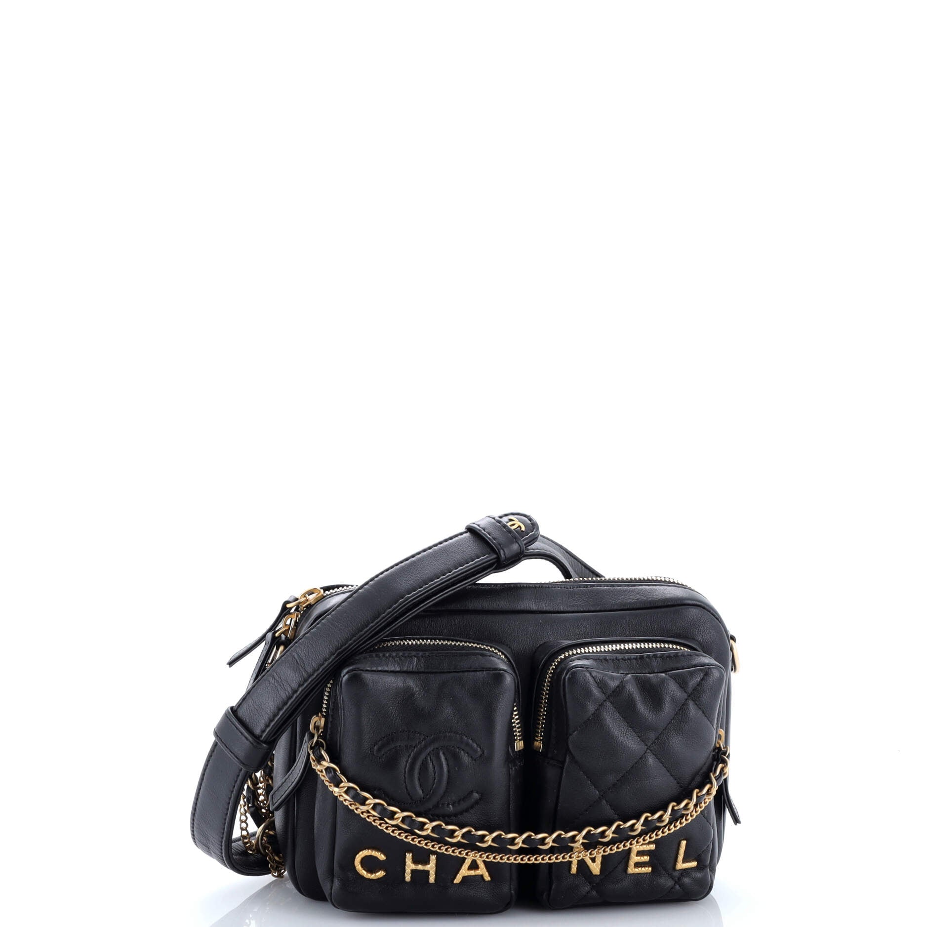 Logo Twin Pockets Chain Camera Case Quilted Calfskin Small