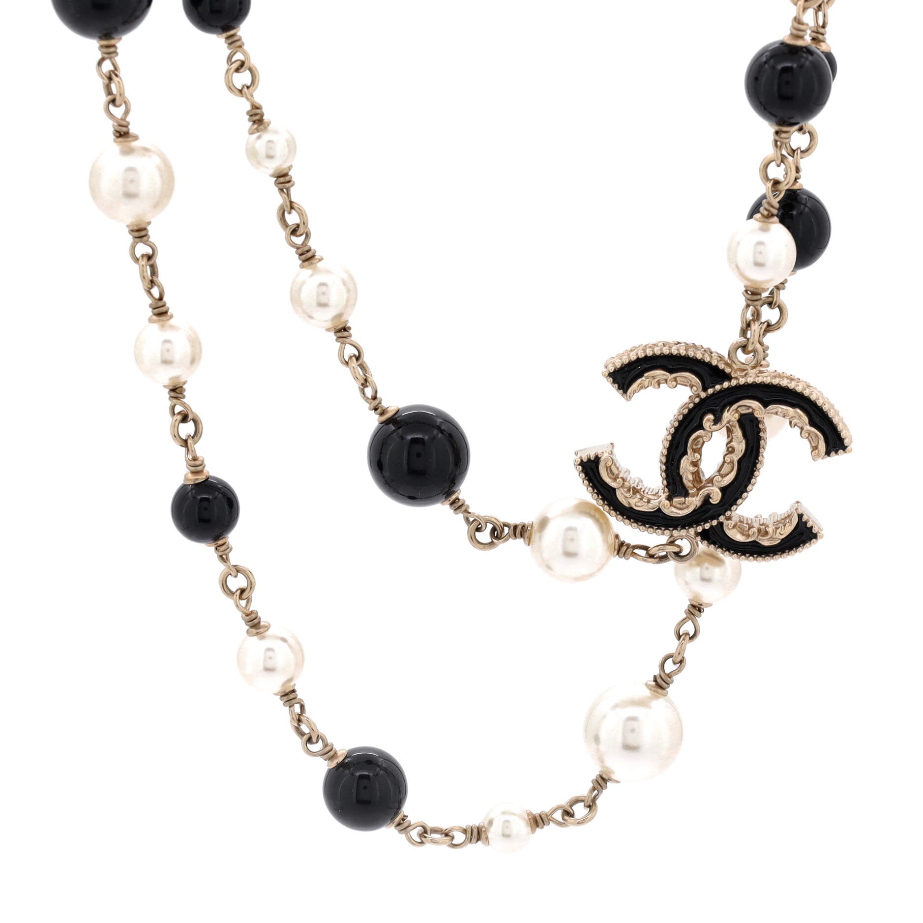 CC Station Long Necklace Metal with Faux Pearls, Beads and Enamel