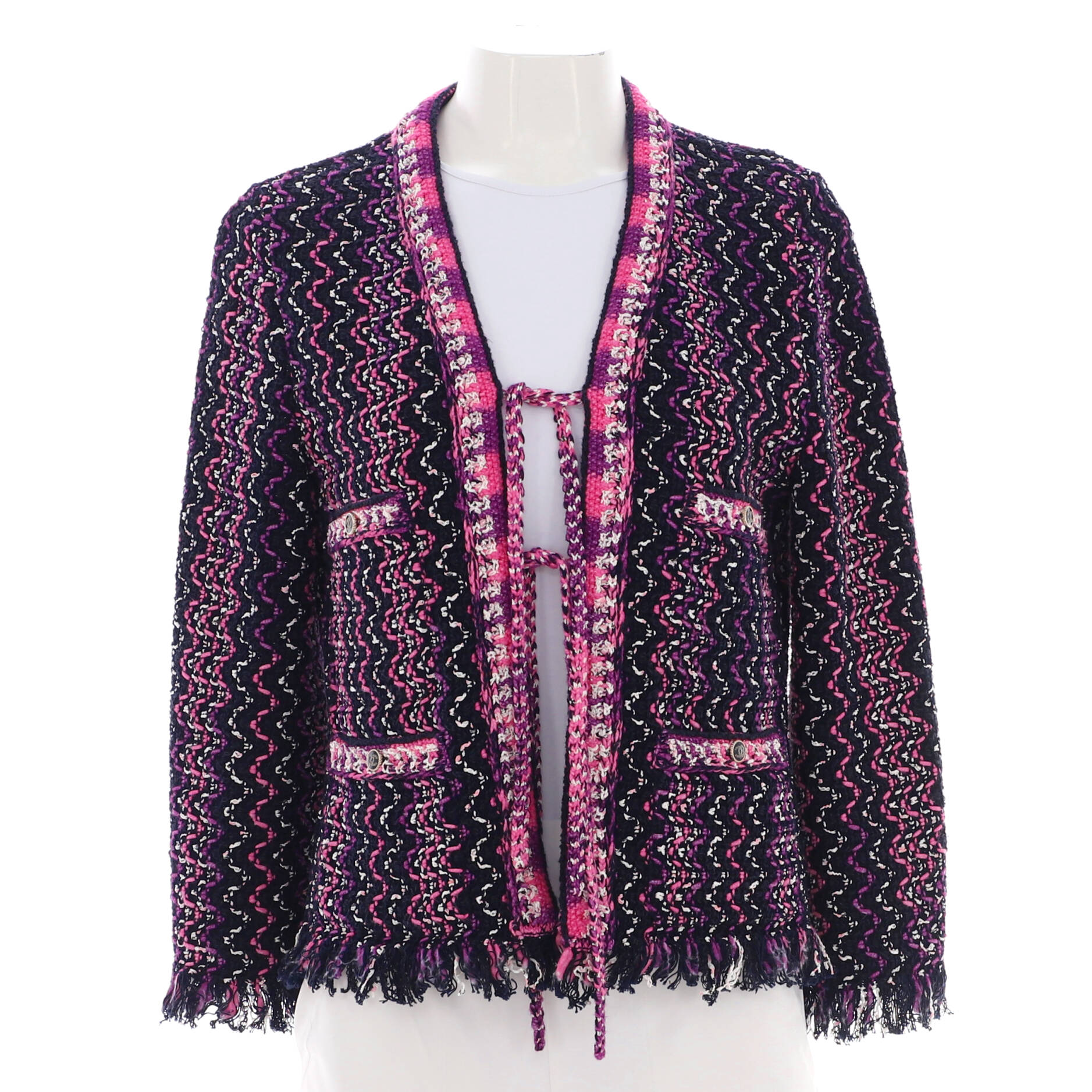 Women's Fringe Trim Tie-Up Jacket Tweed