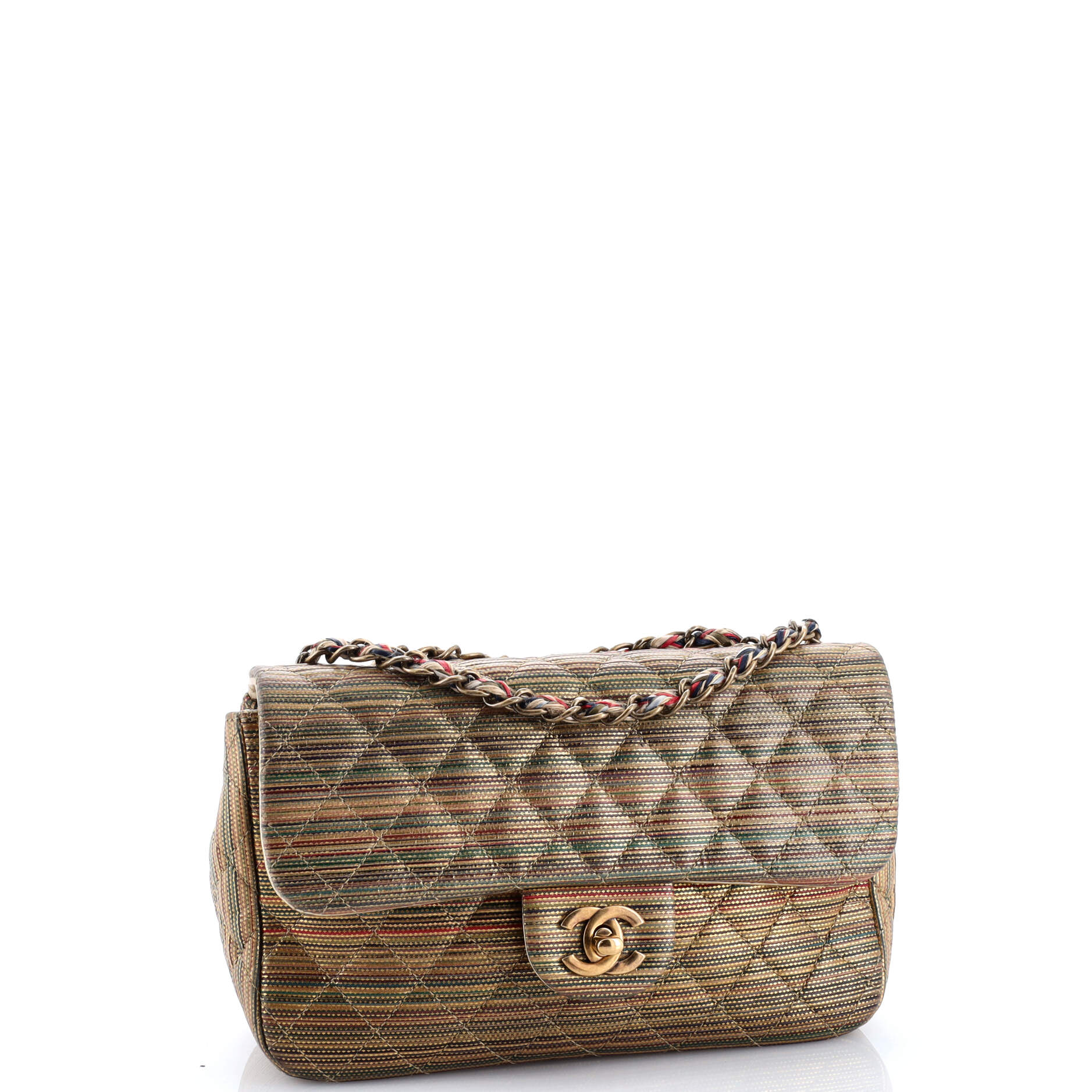 Multicolor Stripe Flap Bag Raffia Effect Braided Chain Small