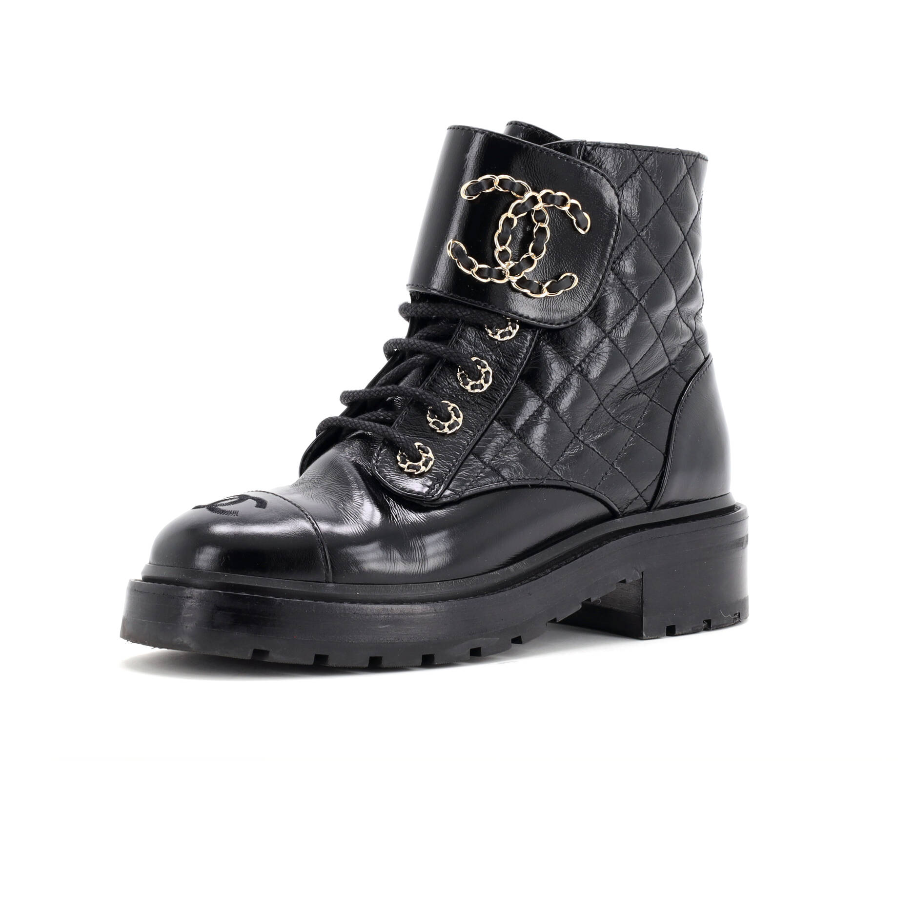 Women's Chain CC Cap Toe Lace Up Combat Boots Quilted Shiny Calfskin