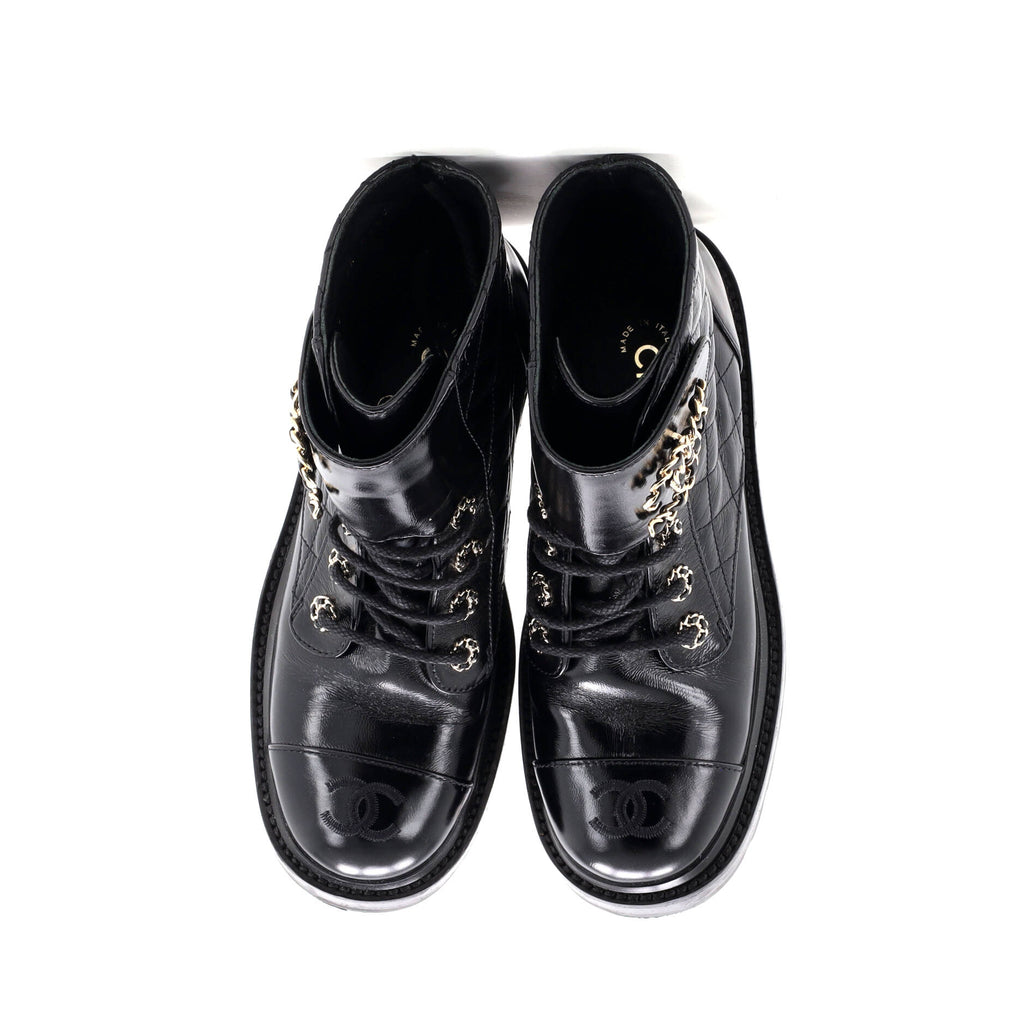 Women's Chain CC Cap Toe Lace Up Combat Boots Quilted Shiny Calfskin