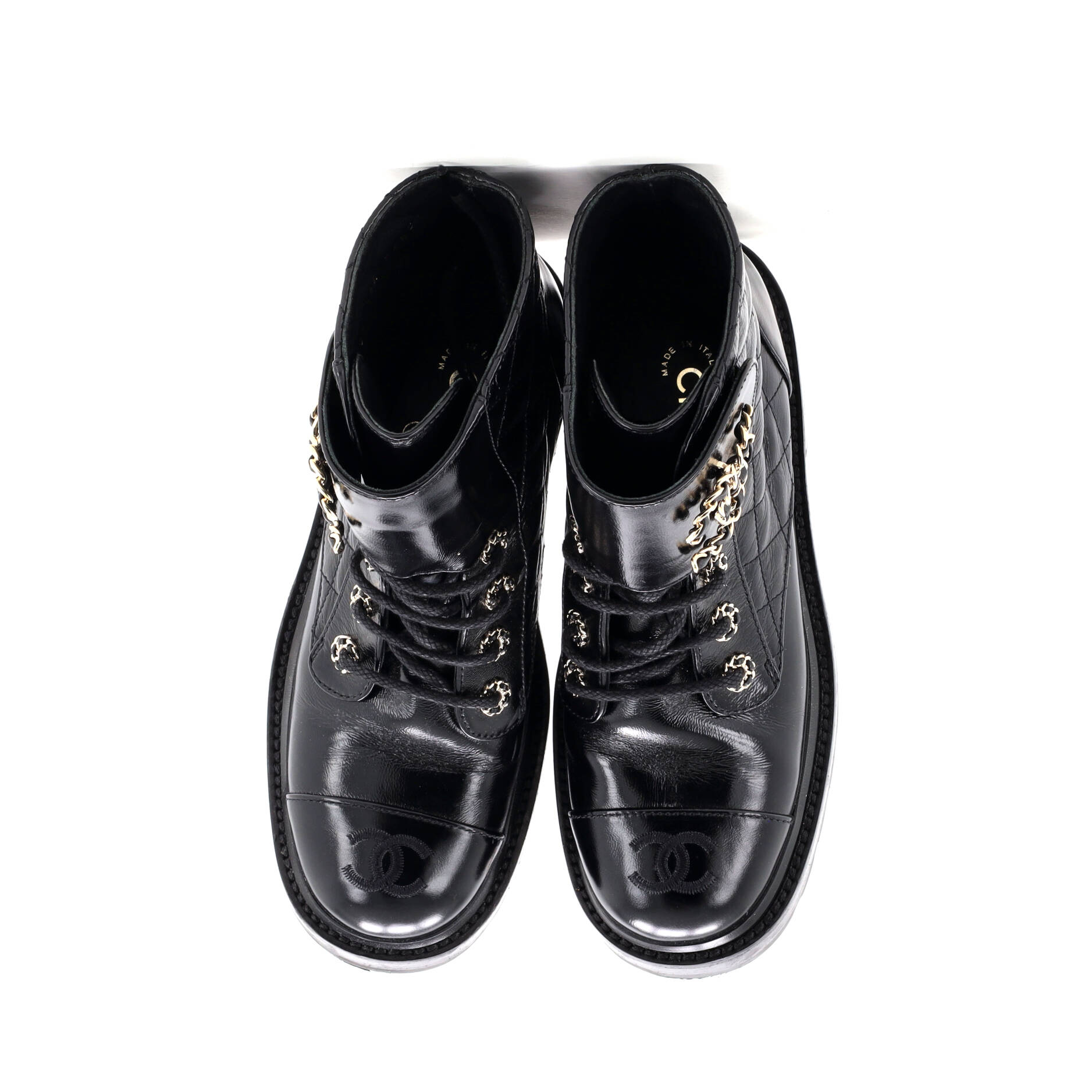 Women's Chain CC Cap Toe Lace Up Combat Boots Quilted Shiny Calfskin