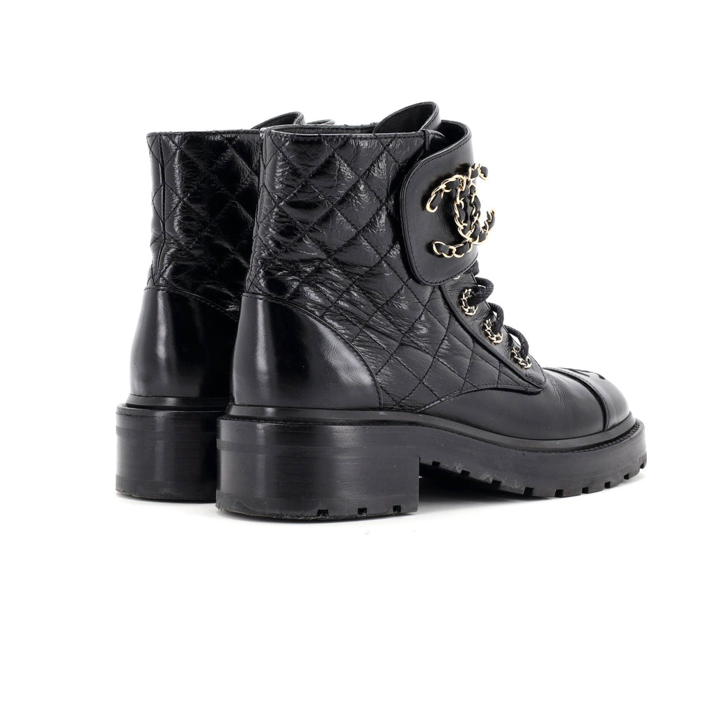 Women's Chain CC Cap Toe Lace Up Combat Boots Quilted Shiny Calfskin
