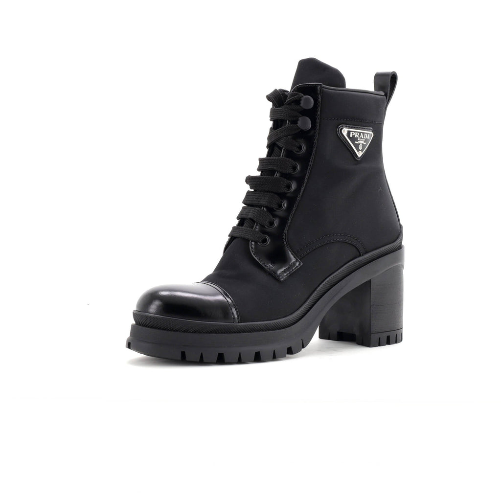 Women's Triangle Logo Heeled Ankle Boots Nylon and Leather