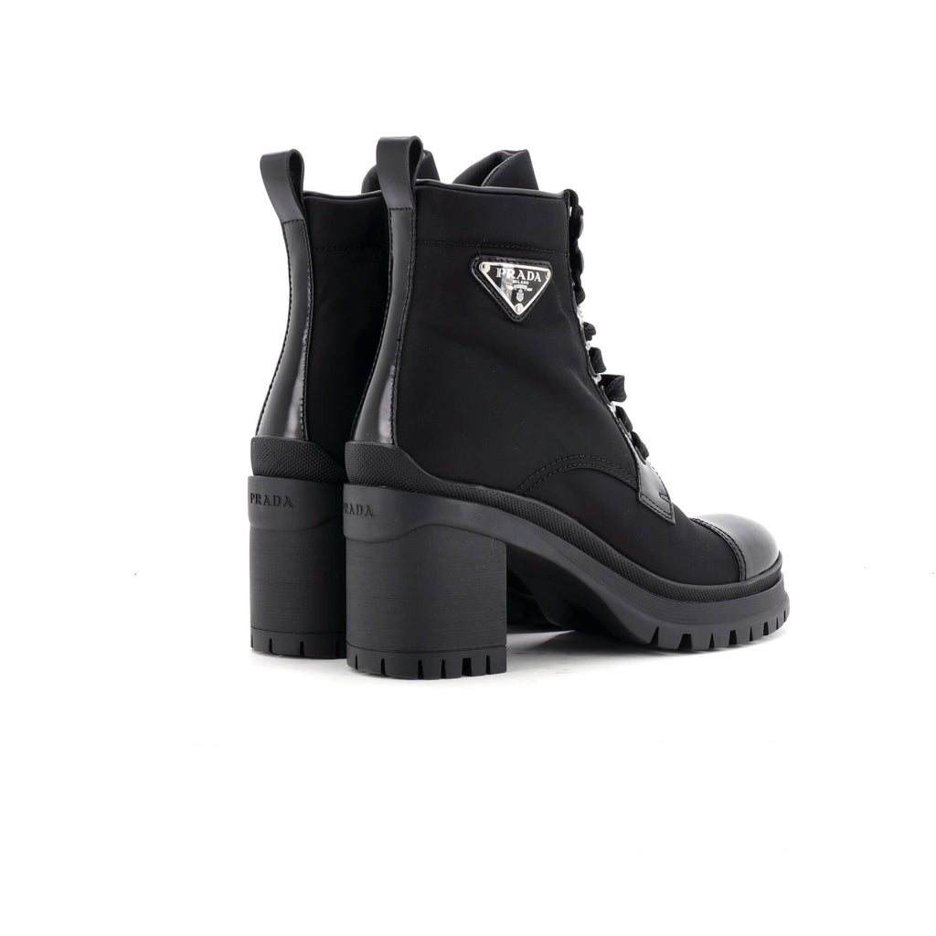 Women's Triangle Logo Heeled Ankle Boots Nylon and Leather
