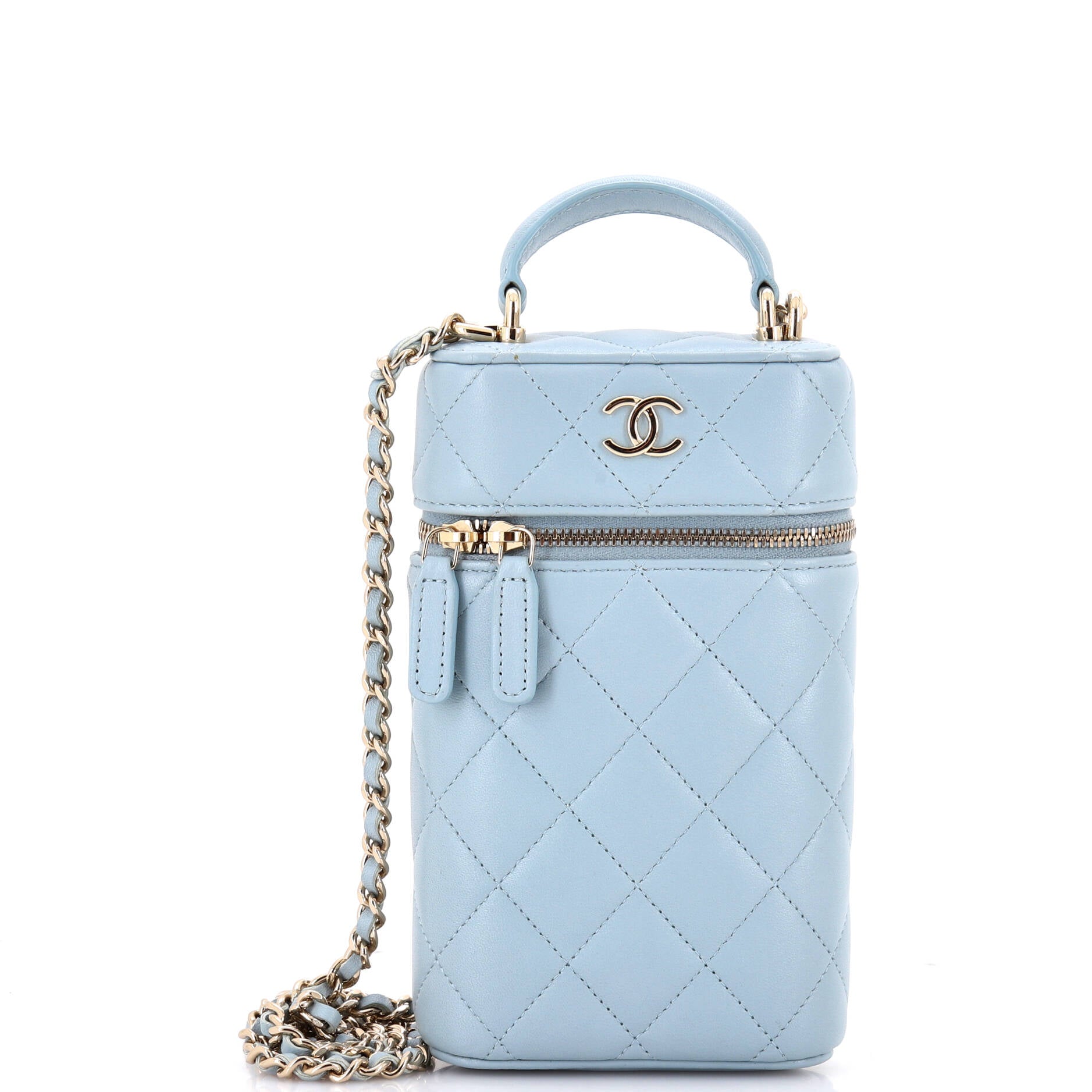 Classic Vanity Top Handle Phone Holder with Chain Quilted Lambskin