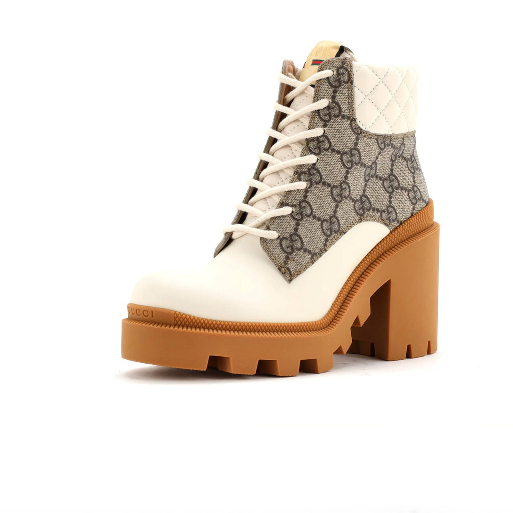 Women's Lace Up Heeled Ankle Boots GG Coated Canvas with Quilted Leather