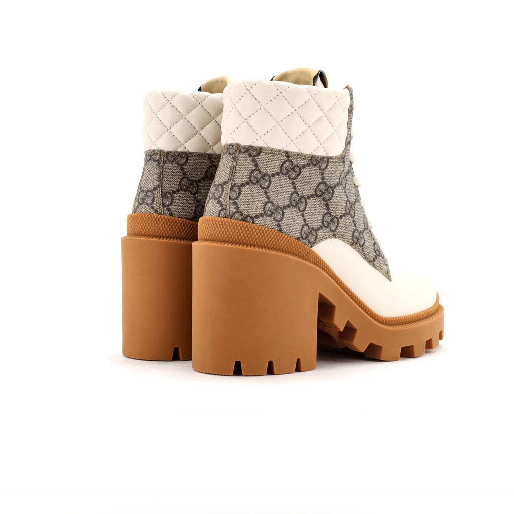 Women's Lace Up Heeled Ankle Boots GG Coated Canvas with Quilted Leather