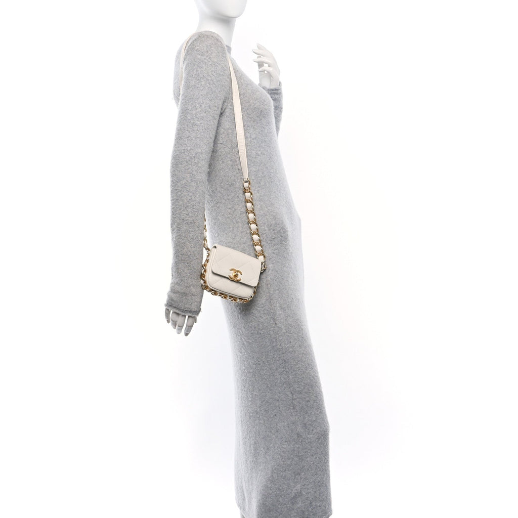 Calfskin Quilted Mini Framing Chain Bag White