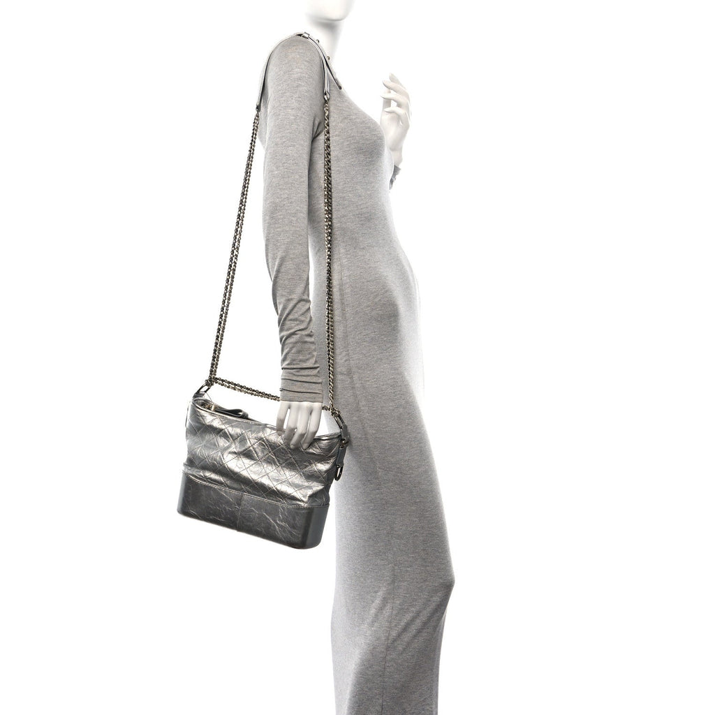 Metallic Lambskin Calfskin Quilted Medium Gabrielle Hobo  Silver