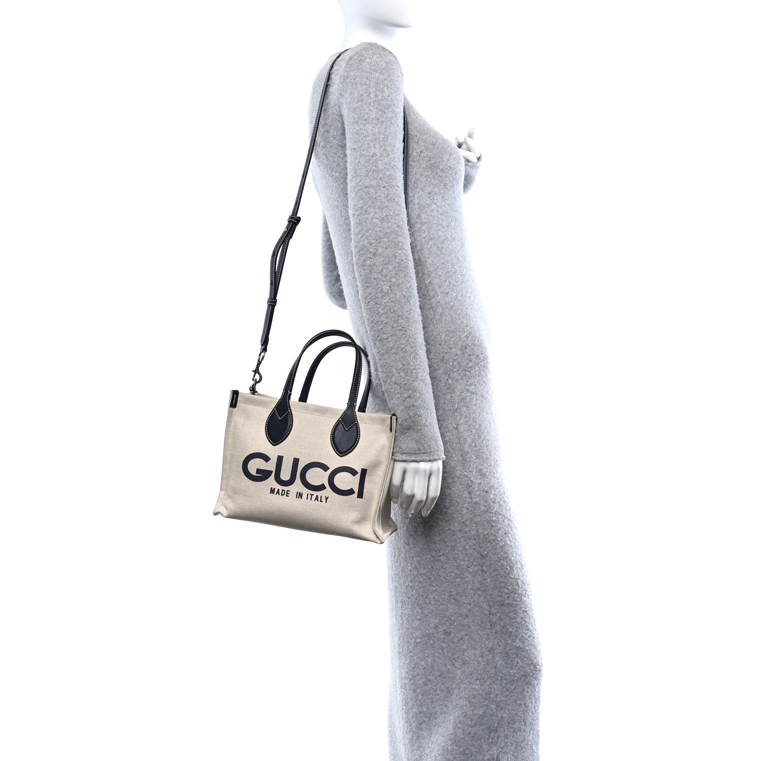 Canvas Calfskin Logo Print Medium Tote Bag Navy