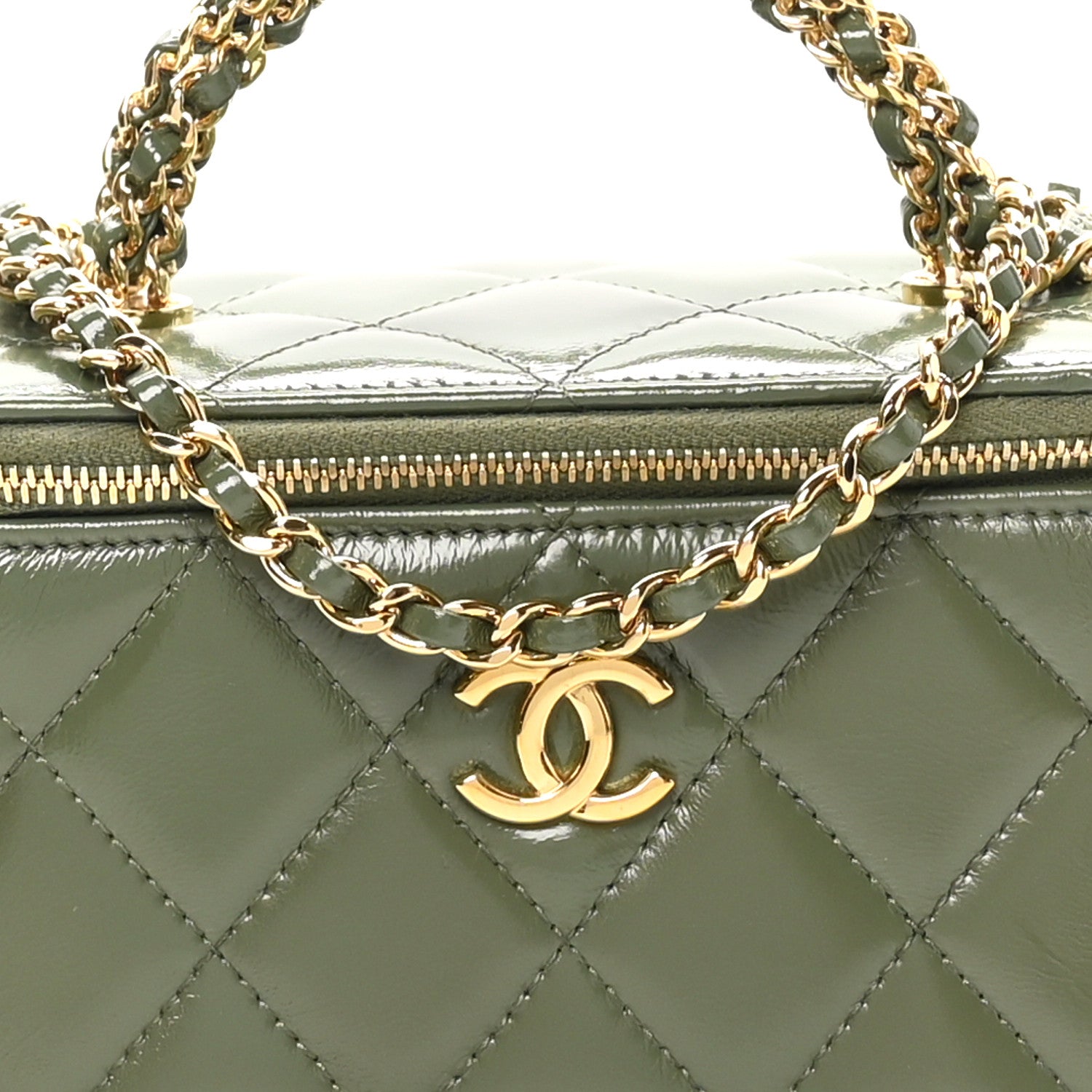 Shiny Crumpled Calfskin Quilted Pick Me Up Vanity Case Khaki