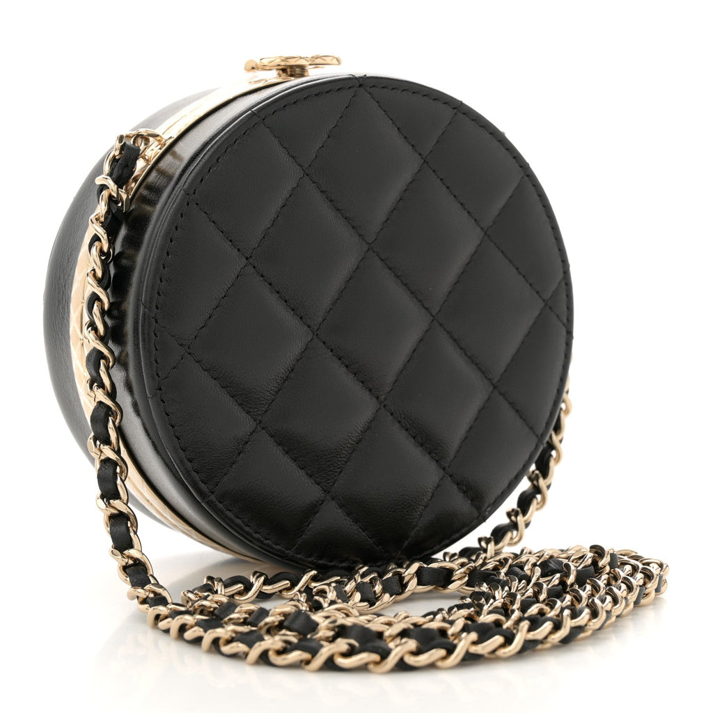 Metal Lambskin Quilted Round Lock Frame Vanity Clutch With Chain Black