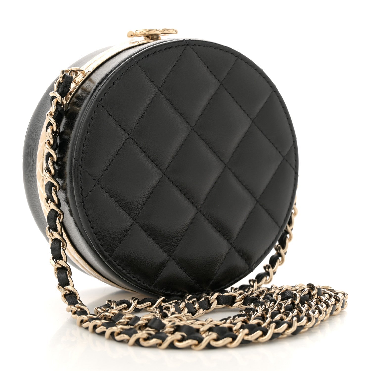 Metal Lambskin Quilted Round Lock Frame Vanity Clutch With Chain Black