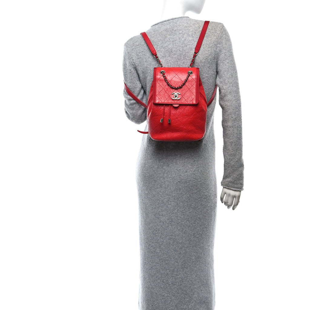 Crumpled Grained Calfskin Quilted Backpack Red