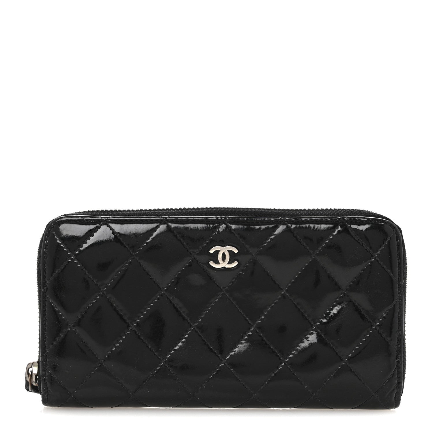 Patent Quilted Large Gusset Zip Around Wallet Black