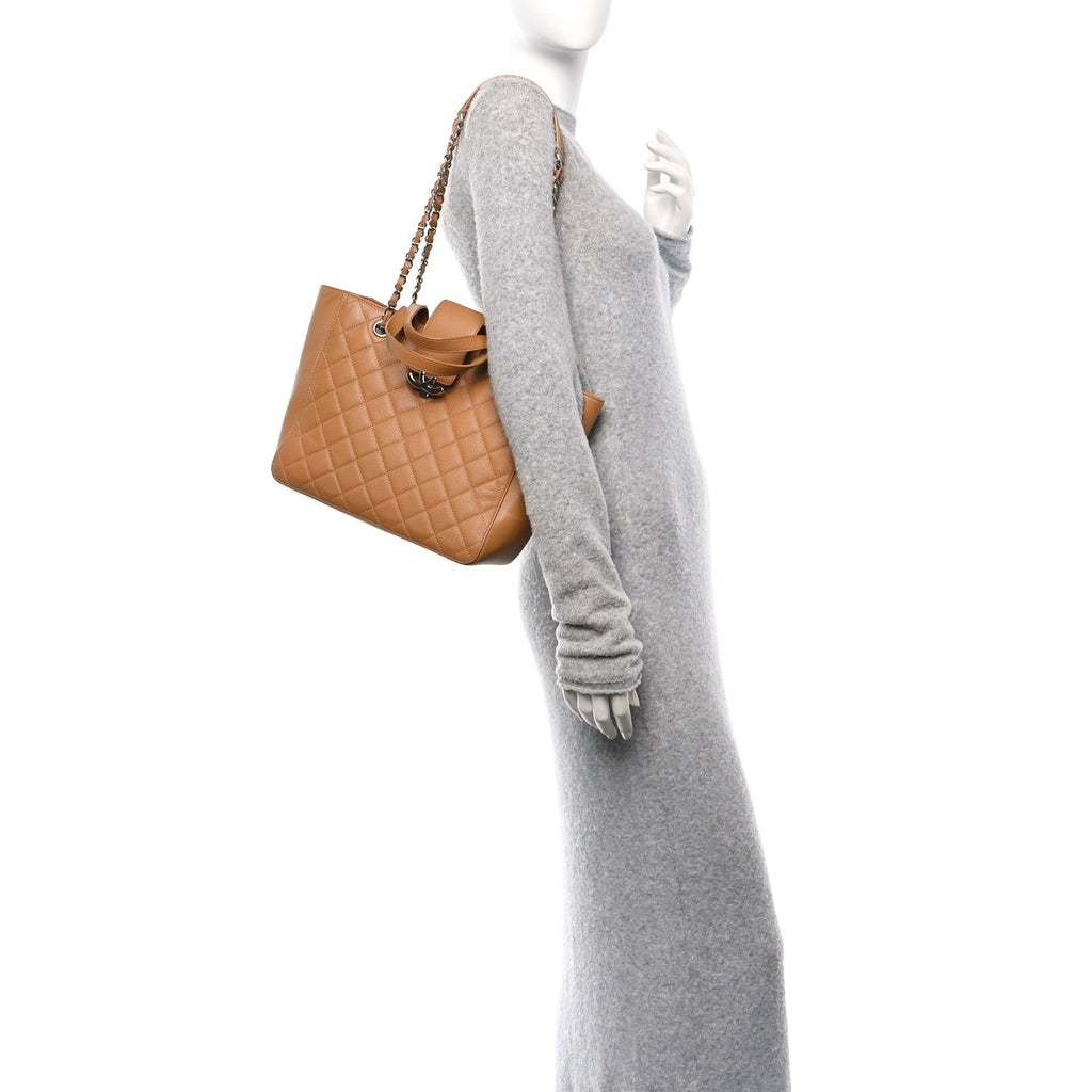 Caviar Quilted Small CC Box Shopping Tote Camel