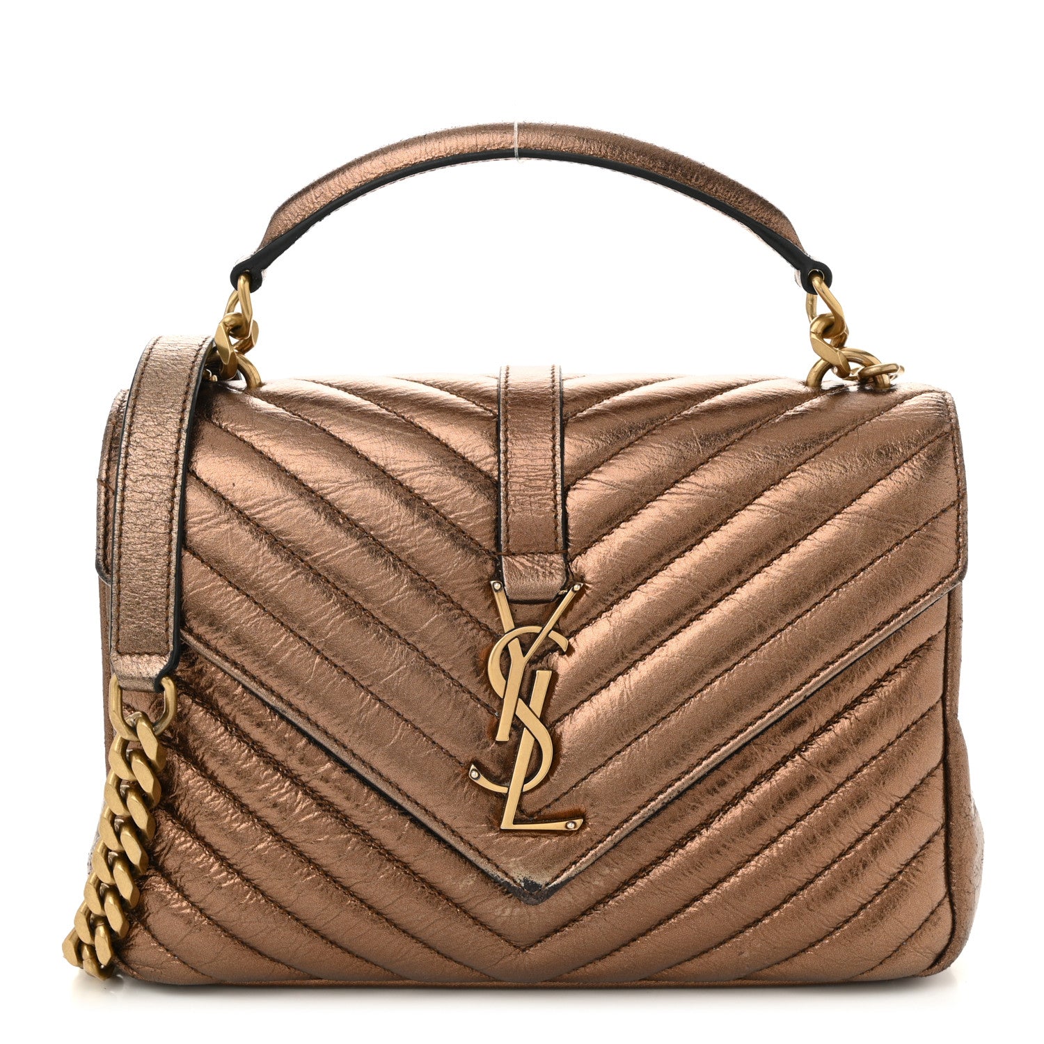 Metallic Calfskin Matelasse Chevron Monogram Medium College Bag Bronze