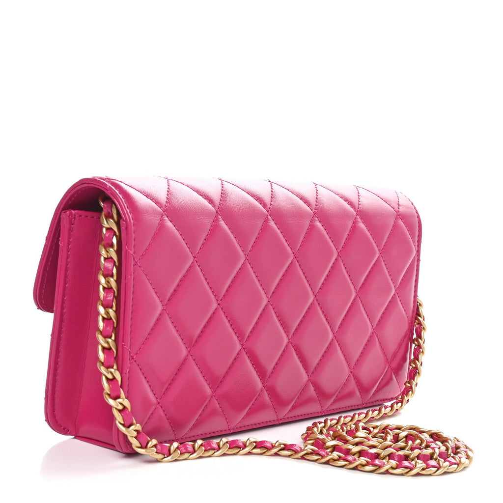 Shiny Lambskin Quilted Flap Clutch Bag Dark Pink