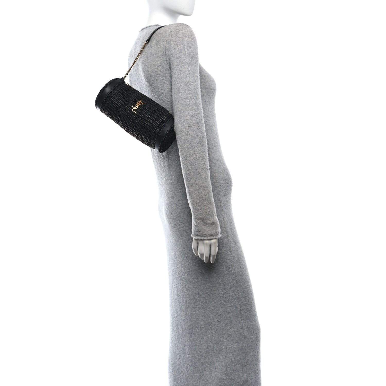 Raffia Monogram Small Cassandre Cylinder Bag Black