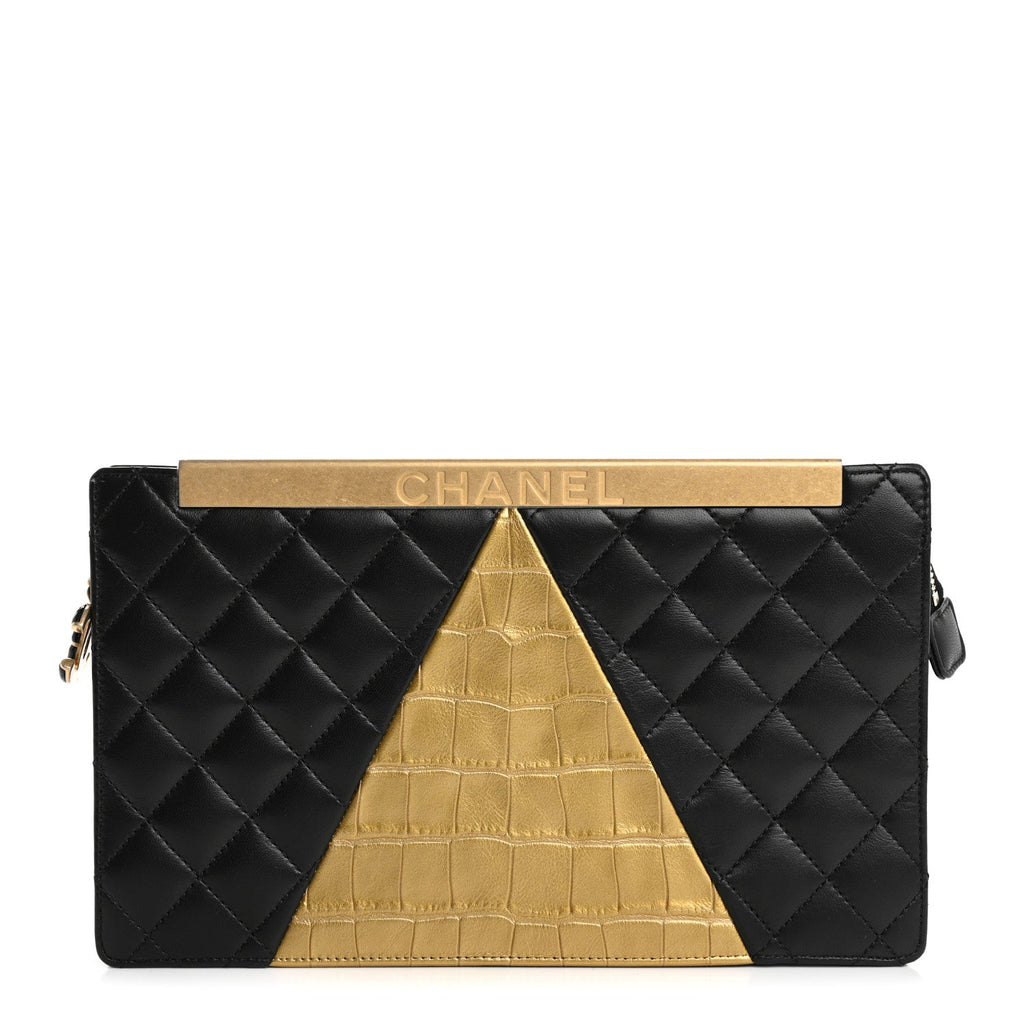Lambskin Metallic Calfskin Crocodile Embossed Clutch Black Gold