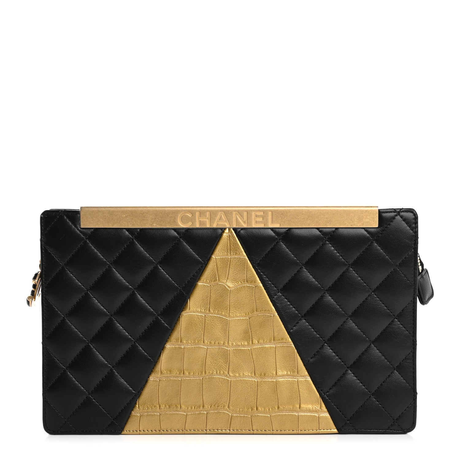 Lambskin Metallic Calfskin Crocodile Embossed Clutch Black Gold