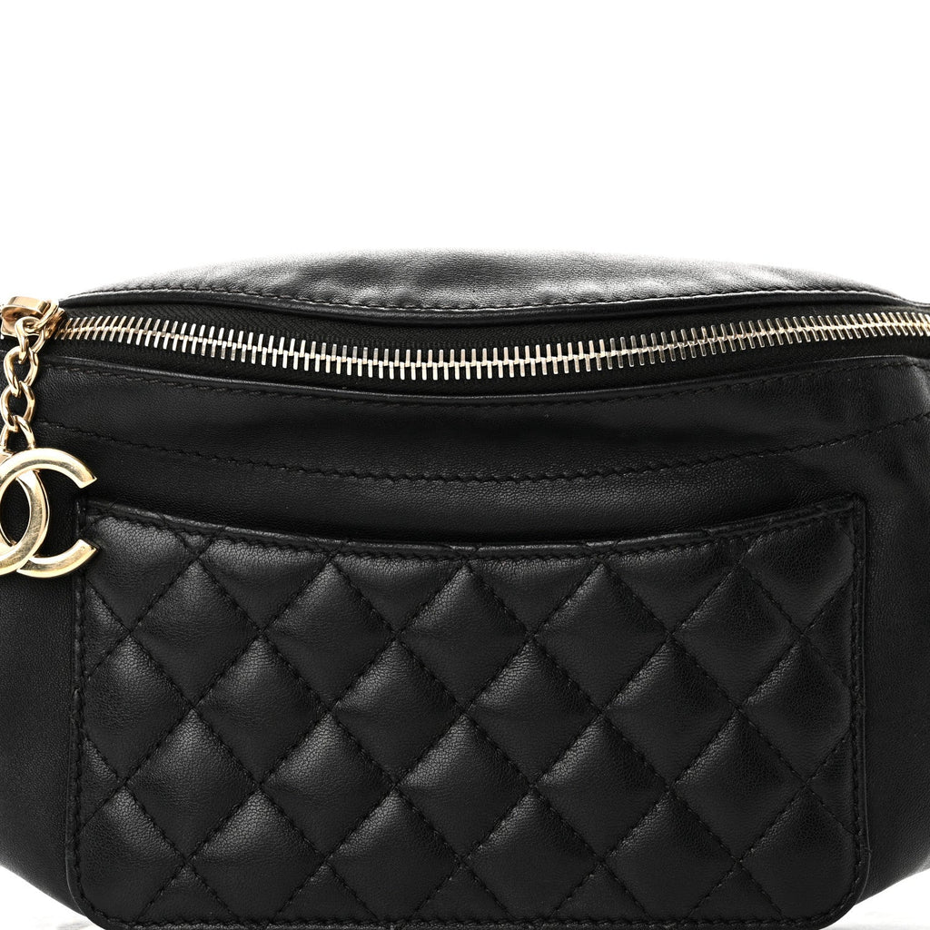 Lambskin Quilted Waist Bag Fanny Pack Black