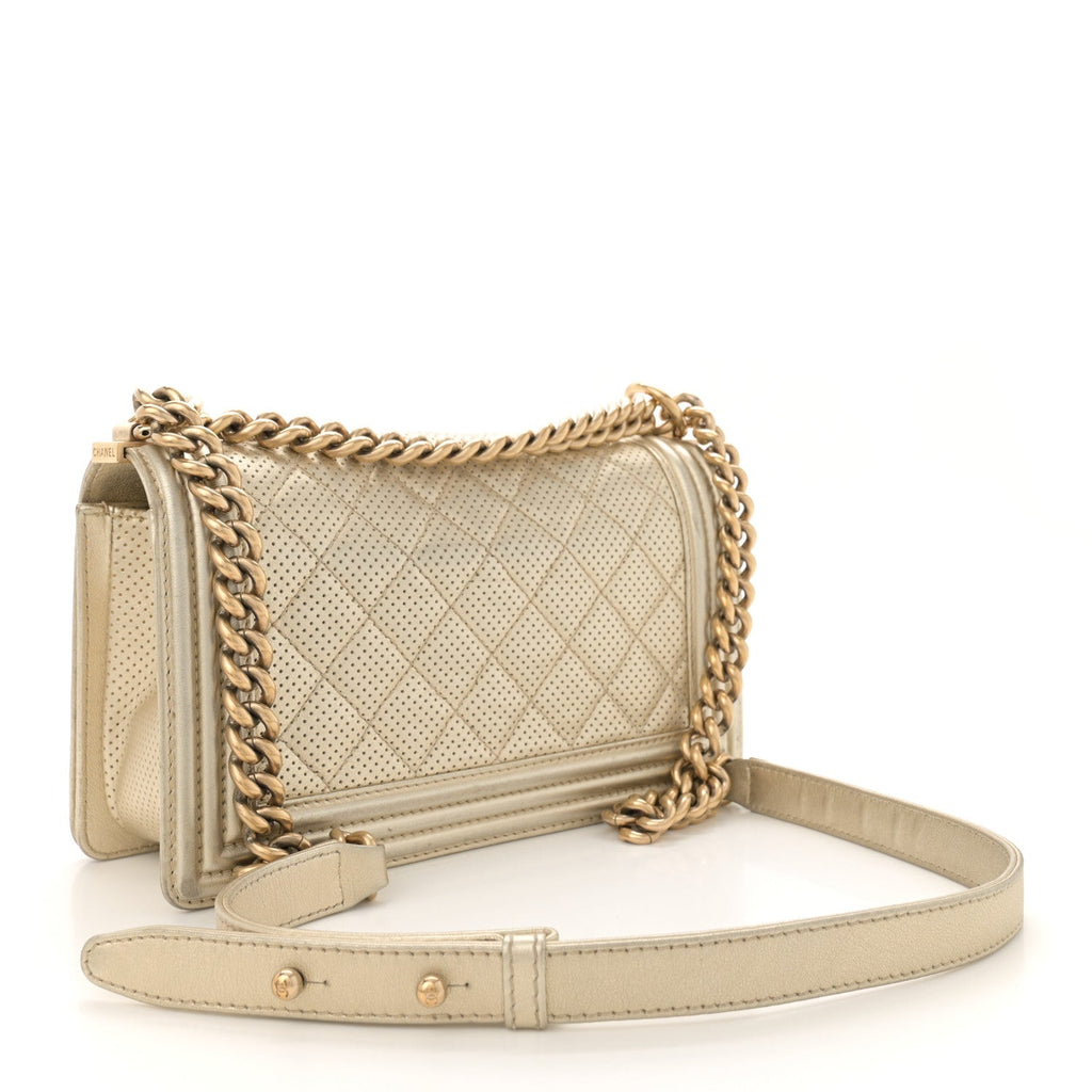 Metallic Perforated Lambskin Quilted Medium Boy Flap Gold