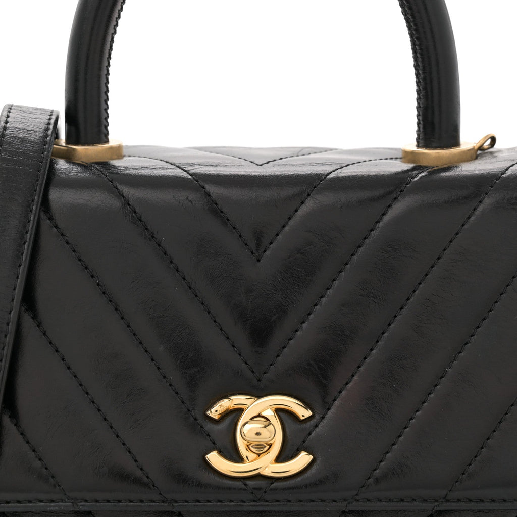 Aged Calfskin Chevron Quilted Mini Coco Handle Flap Black