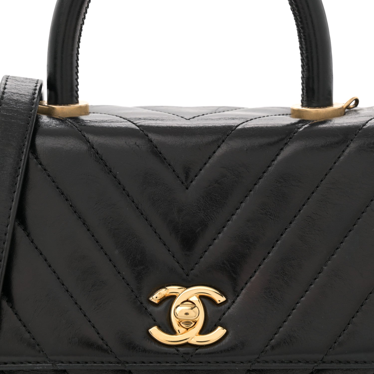 Aged Calfskin Chevron Quilted Mini Coco Handle Flap Black
