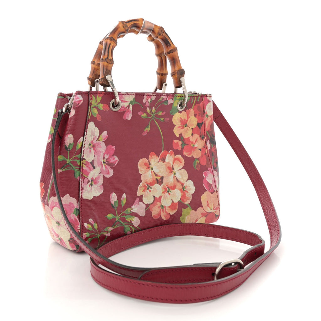 Shangai Calfskin Blooms Print Mini Bamboo Shopper Tote Romantic Cerise Multicolor