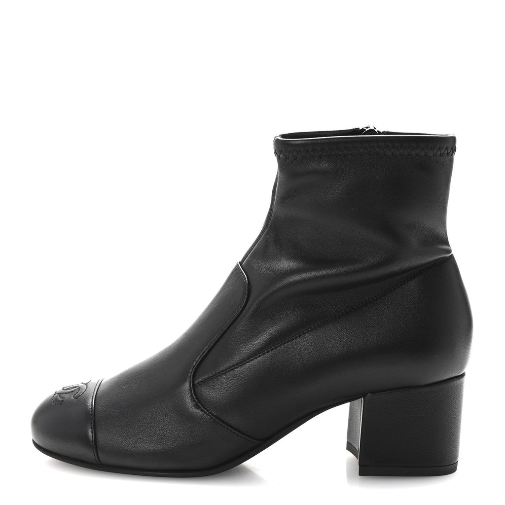 Stretch Lambskin Cap Toe CC Short Boots 37.5 Black