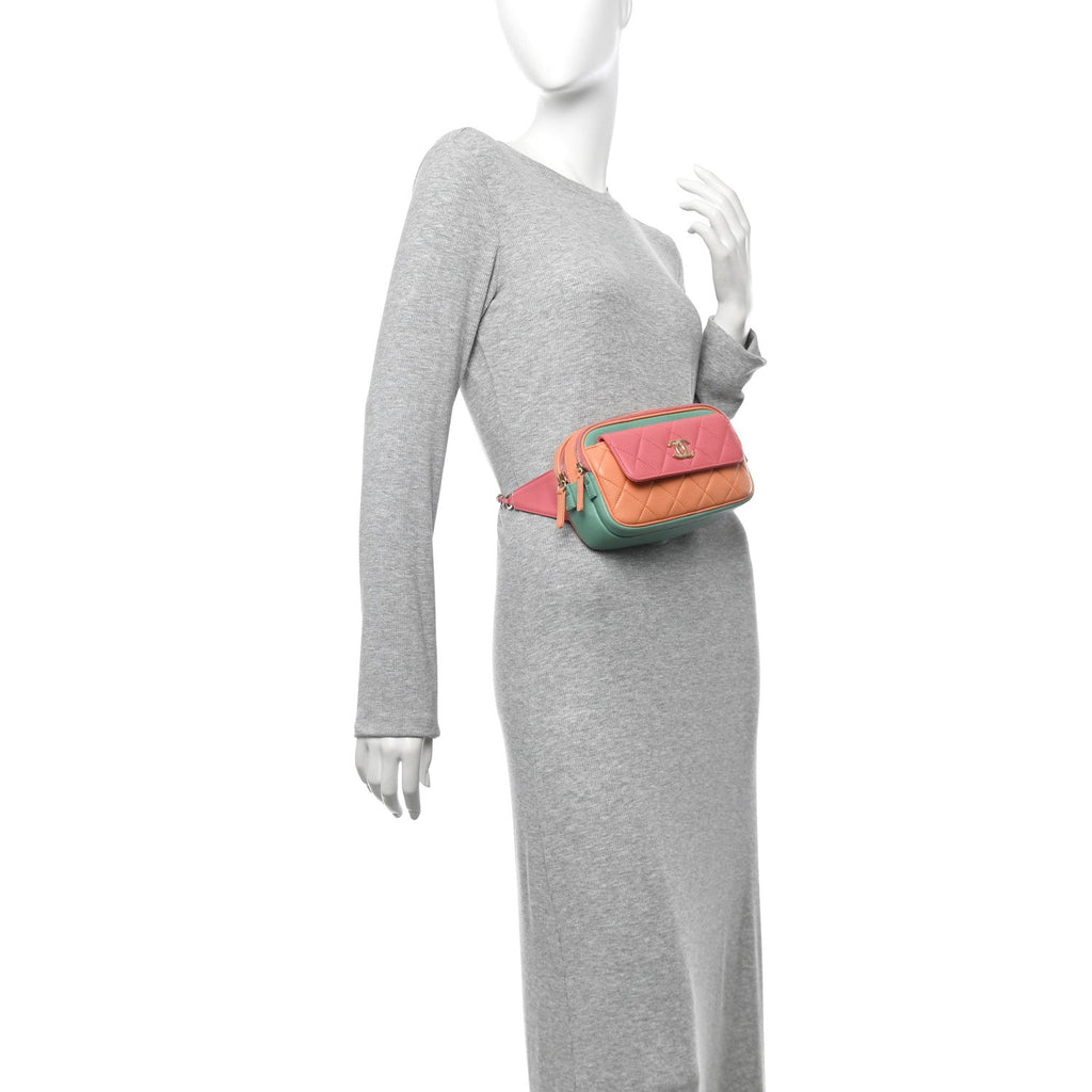 Goatskin Quilted Tri-Color In & Out Waist Bag Orange Green Pink