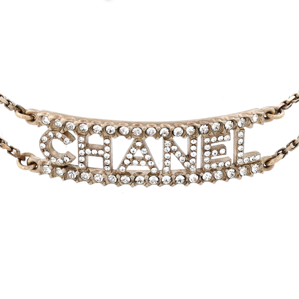 Logo Letters Plate Double Chain Choker Necklace Metal with Crystals