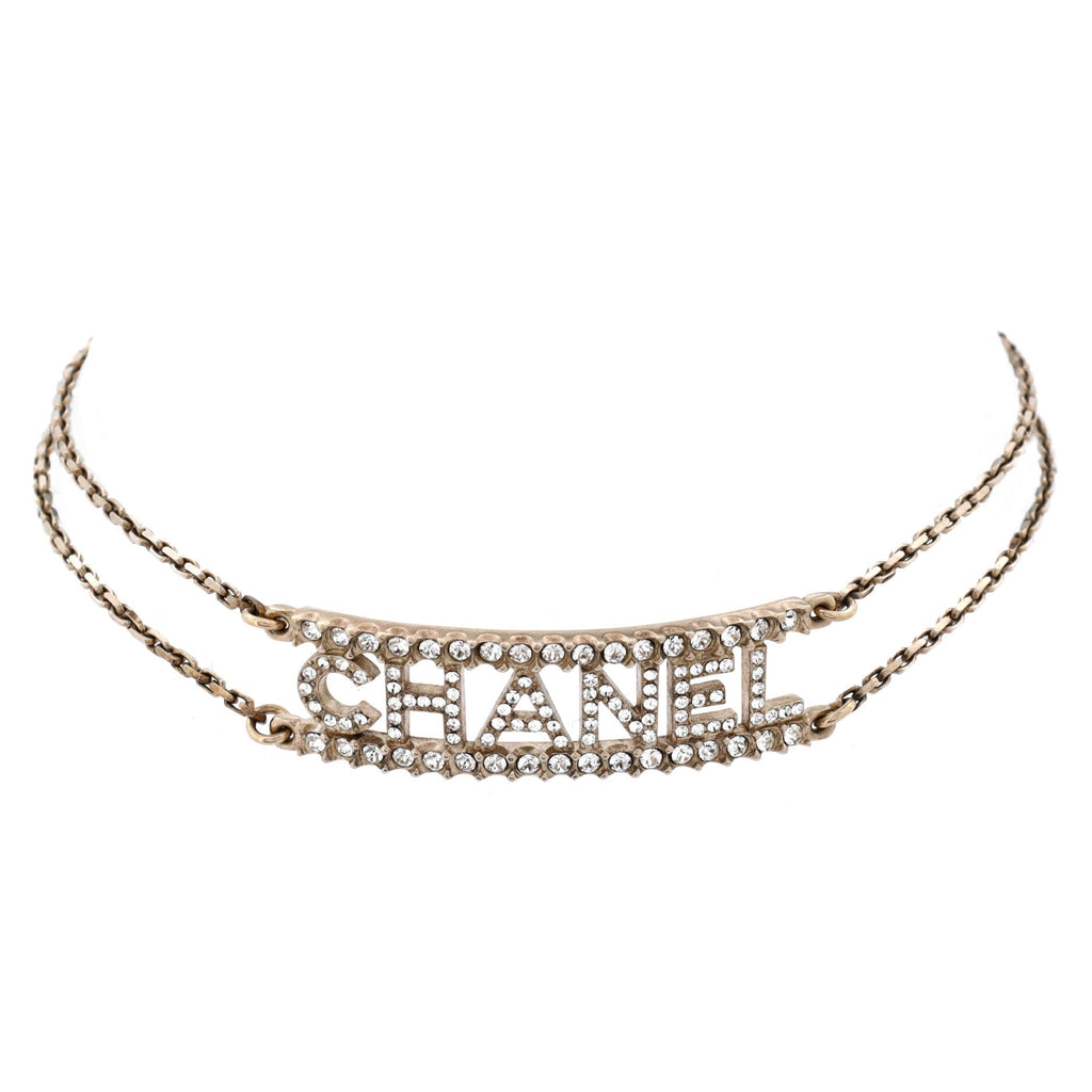 Logo Letters Plate Double Chain Choker Necklace Metal with Crystals