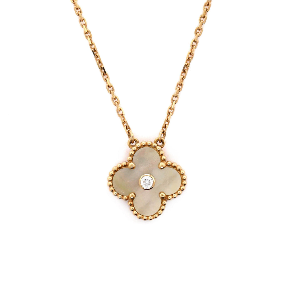 Vintage Alhambra Pendant Necklace 18K Yellow Gold and Gold Mother of Pearl with Diamond