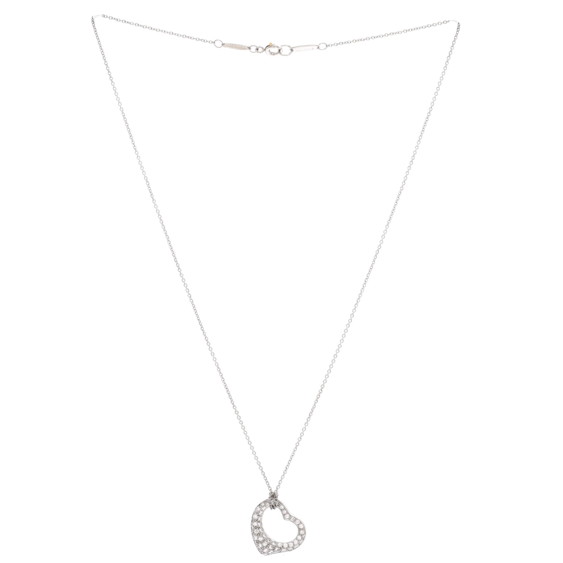 Elsa Peretti Open Heart Pendant Necklace Platinum with Pave Diamonds 16mm