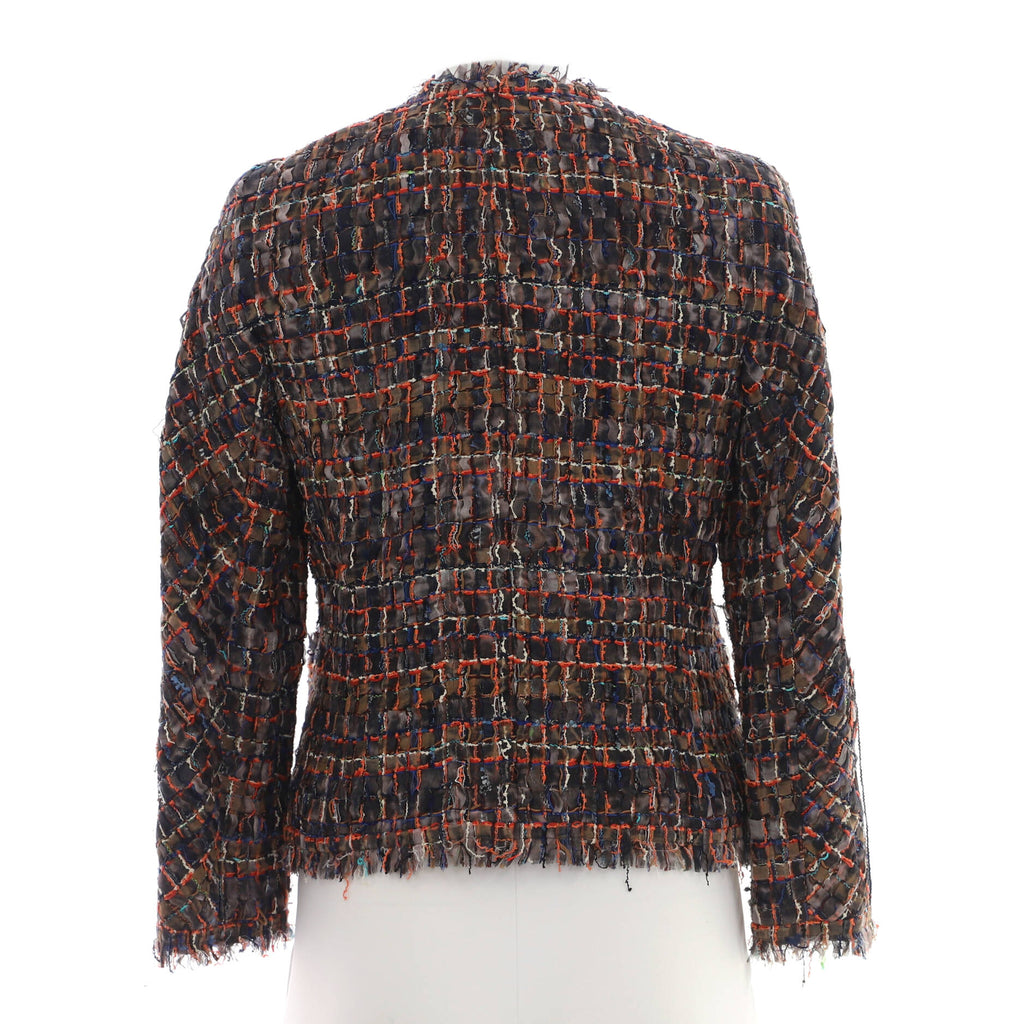 Women's Fringe Trim CC Button Collarless Jacket Tweed
