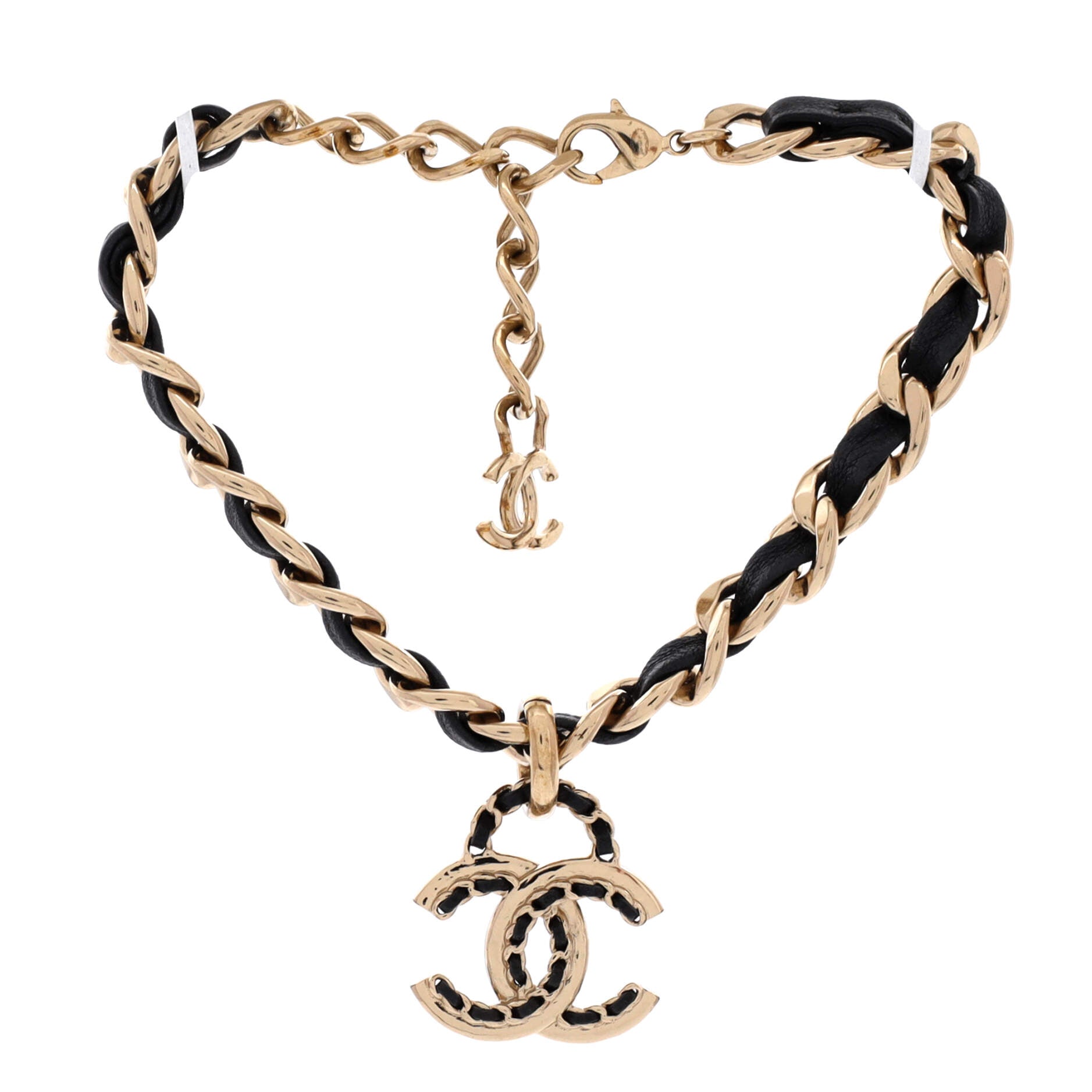 Woven Chain CC Pendant Chunky Choker Necklace Metal and Leather