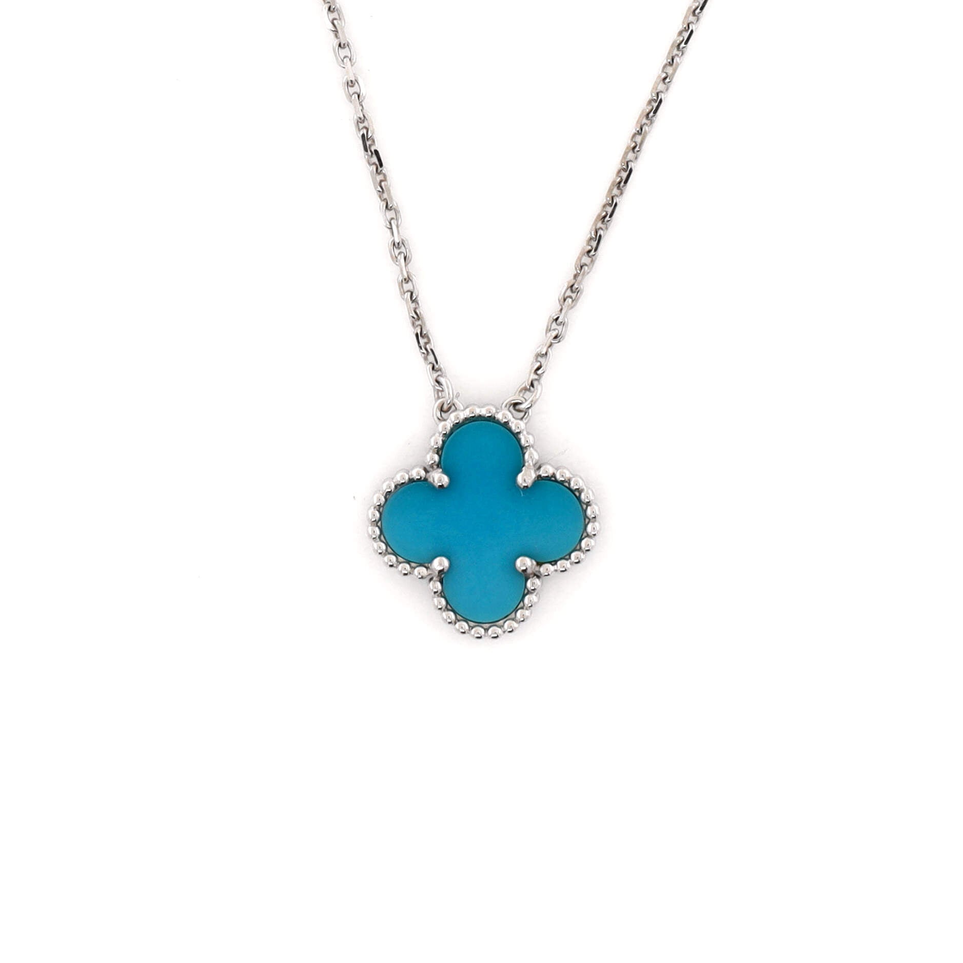 Vintage Alhambra Pendant Necklace 18K White Gold and Turquoise