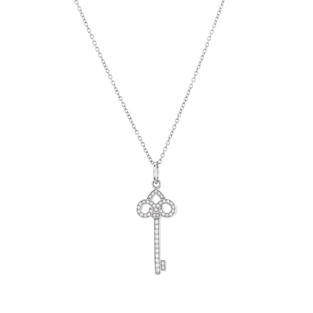 Fleur de Lis Key Pendant Necklace 18K White Gold and Diamonds Mini
