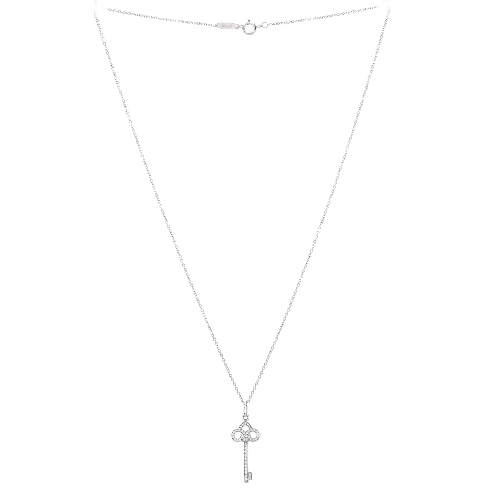 Fleur de Lis Key Pendant Necklace 18K White Gold and Diamonds Mini