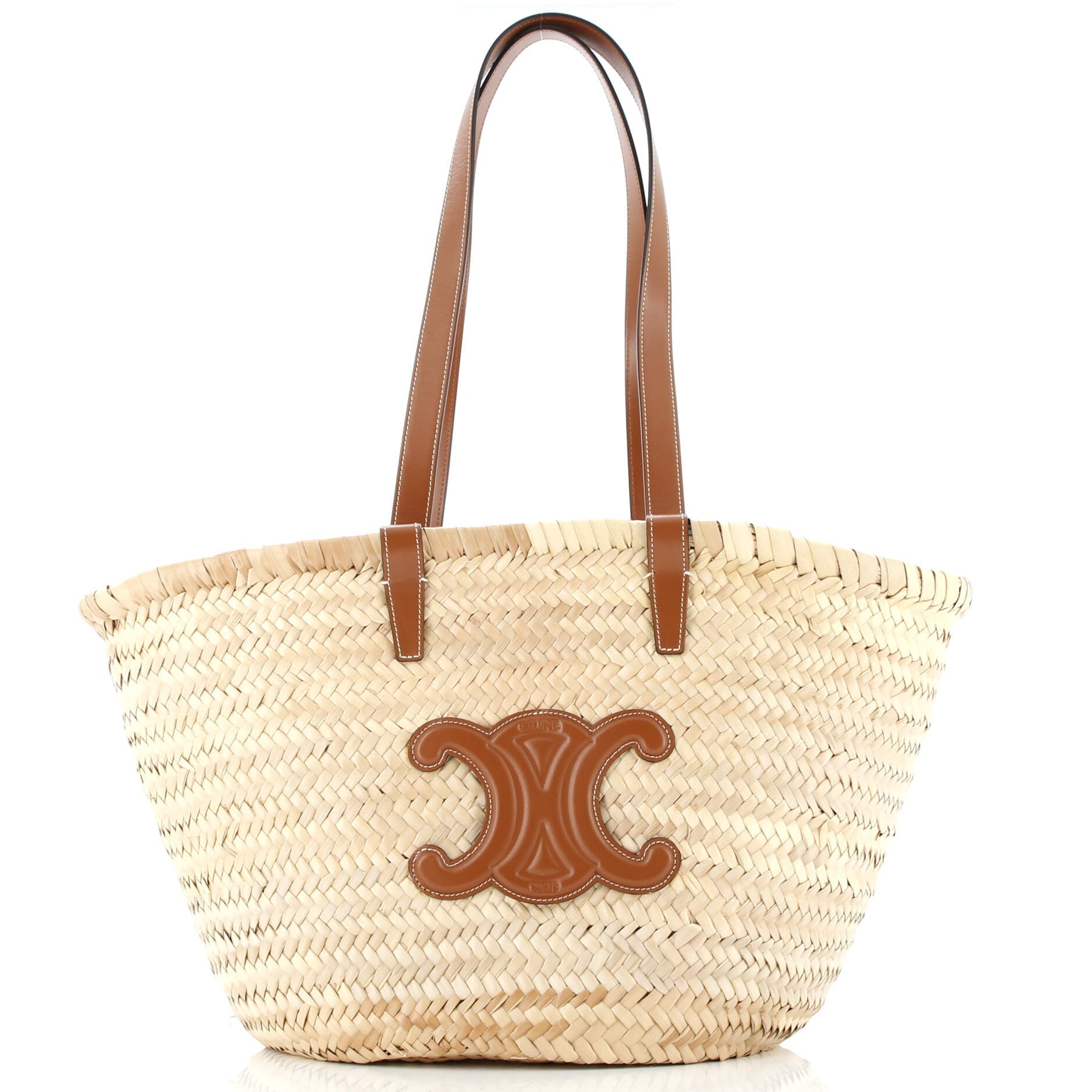 Triomphe Basket Shoulder Bag Raffia with Leather Large